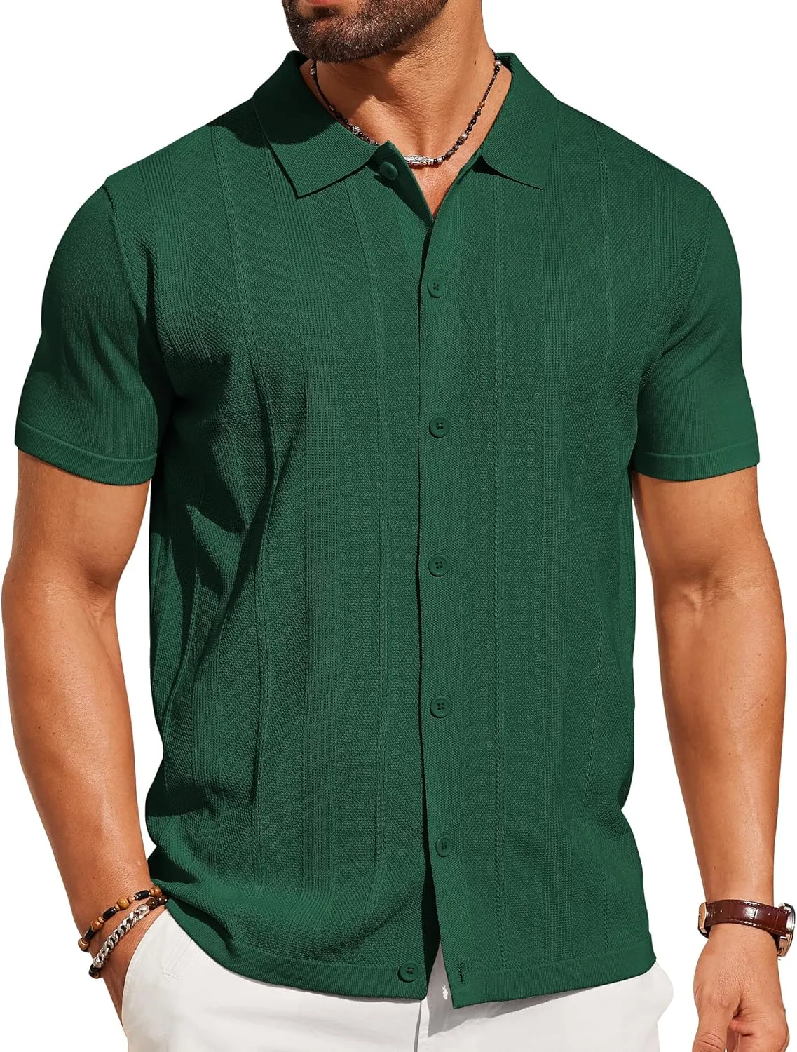 COOFANDY Mens Knit Shirt Short Sleeve Button Down Shirts Casual Summer Beach Vintage Polo Shirts