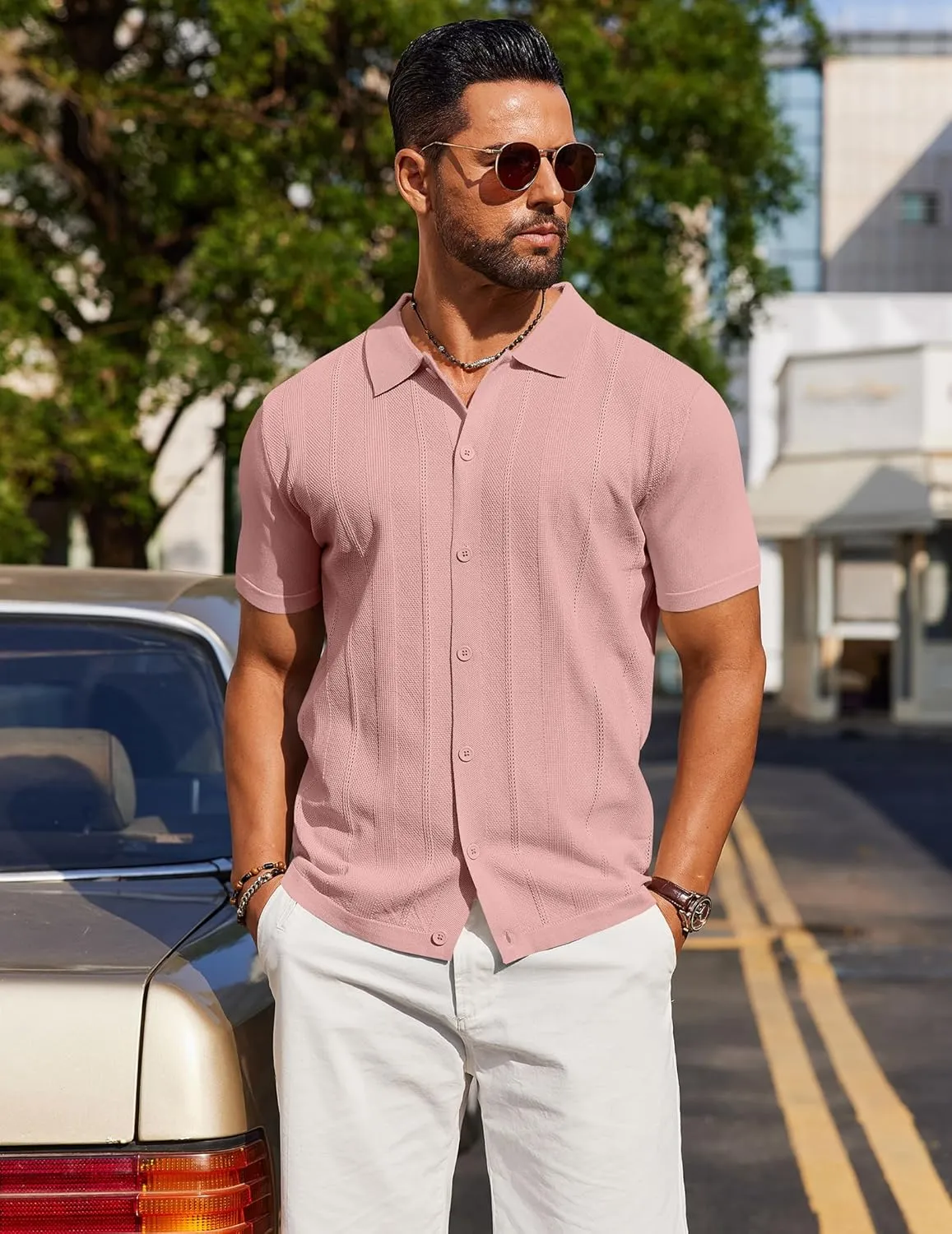 COOFANDY Mens Knit Shirt Short Sleeve Button Down Shirts Casual Summer Beach Vintage Polo Shirts