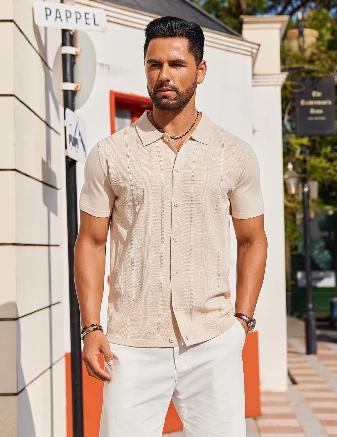 COOFANDY Mens Knit Shirt Short Sleeve Button Down Shirts Casual Summer Beach Vintage Polo Shirts