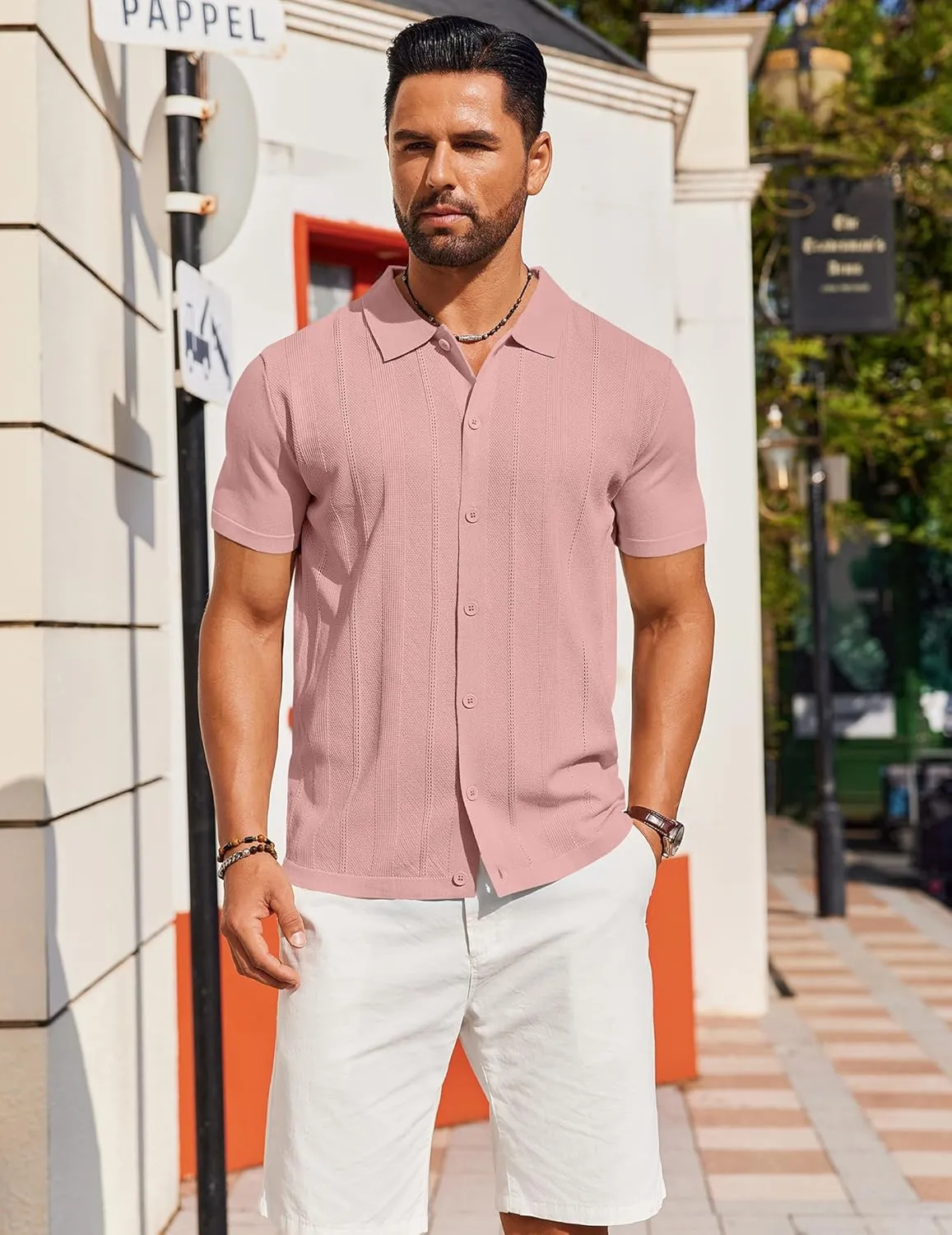 COOFANDY Mens Knit Shirt Short Sleeve Button Down Shirts Casual Summer Beach Vintage Polo Shirts