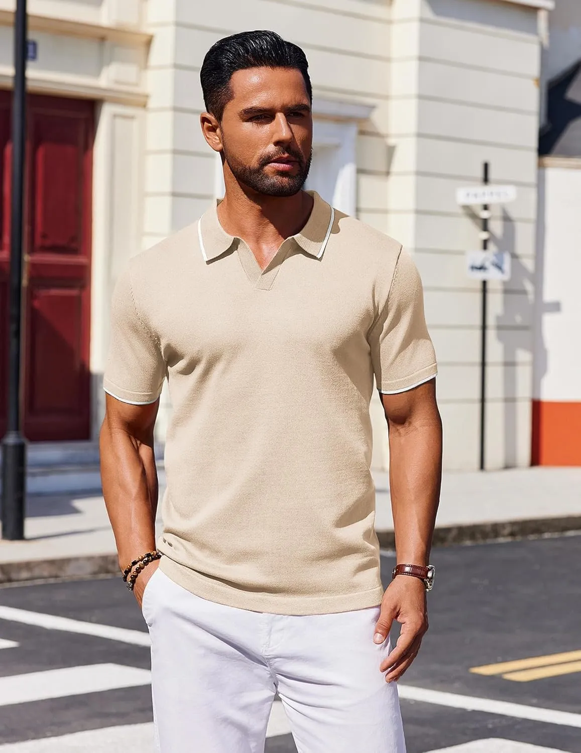 COOFANDY Mens Polo Shirts Short Sleeve Casual Knit Polo Shirt Vintage Golf T Shirts Old Money Tops