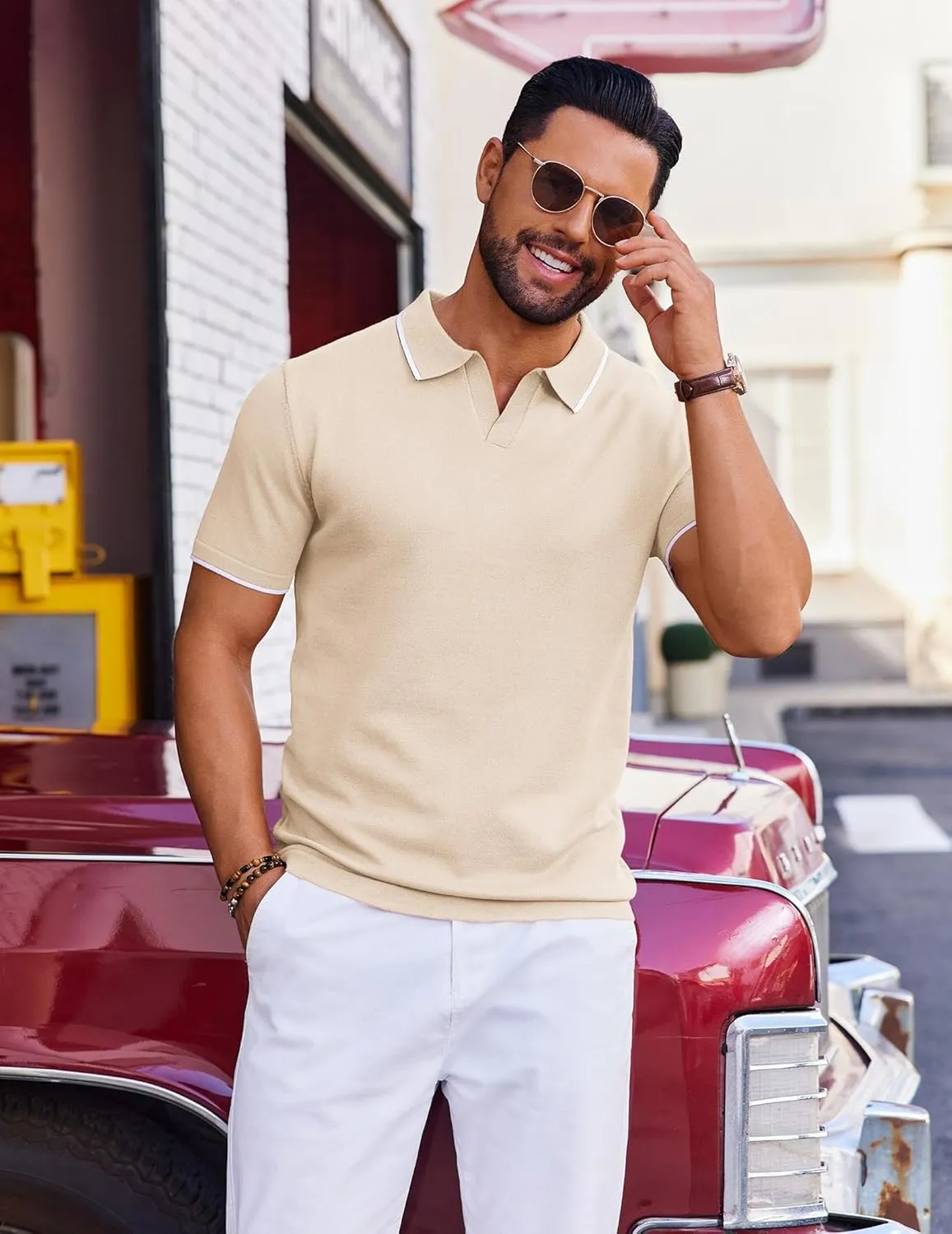 COOFANDY Mens Polo Shirts Short Sleeve Casual Knit Polo Shirt Vintage Golf T Shirts Old Money Tops