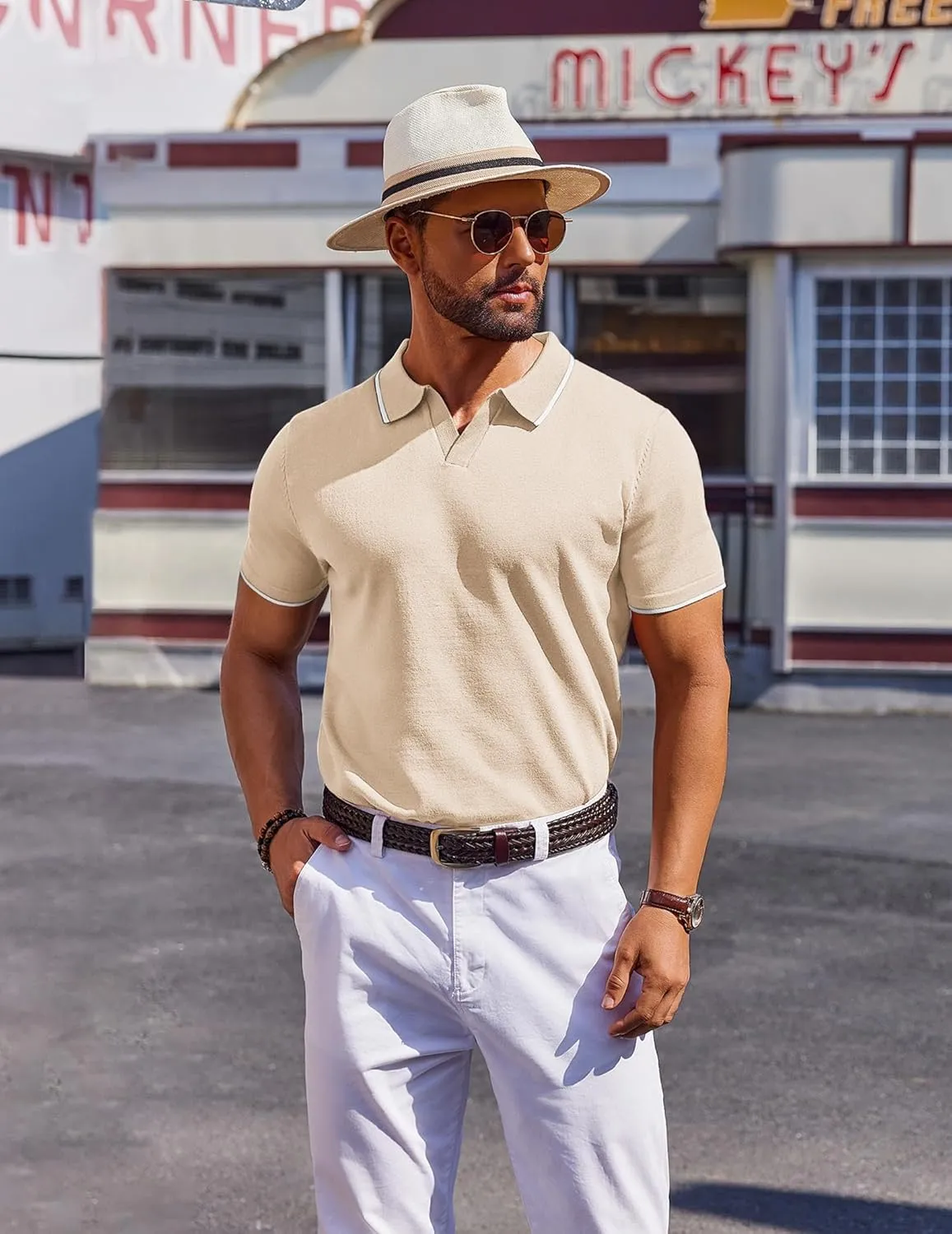 COOFANDY Mens Polo Shirts Short Sleeve Casual Knit Polo Shirt Vintage Golf T Shirts Old Money Tops