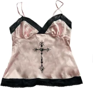 Coquette Lace Crop Tops 2000s Spaghetti Strap Tops Y2k Goth Grunge Emo Top Women Vintage Camisole