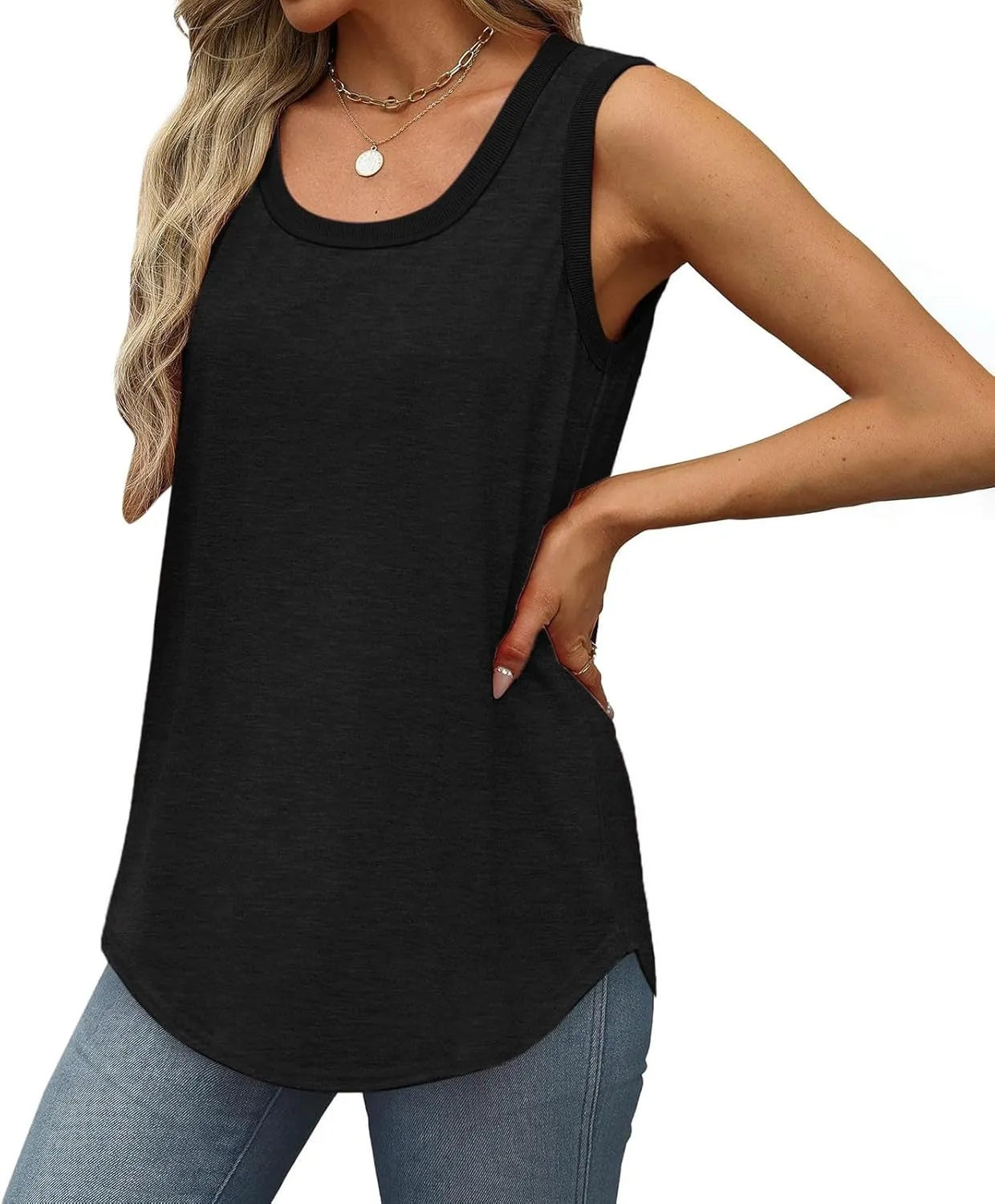 Cotton Tank Top Women Loose Fit Scoop Neck Sleeveless Shirts Summer Flowy Long Wide Strap Tanks Casual Tunic Camisole