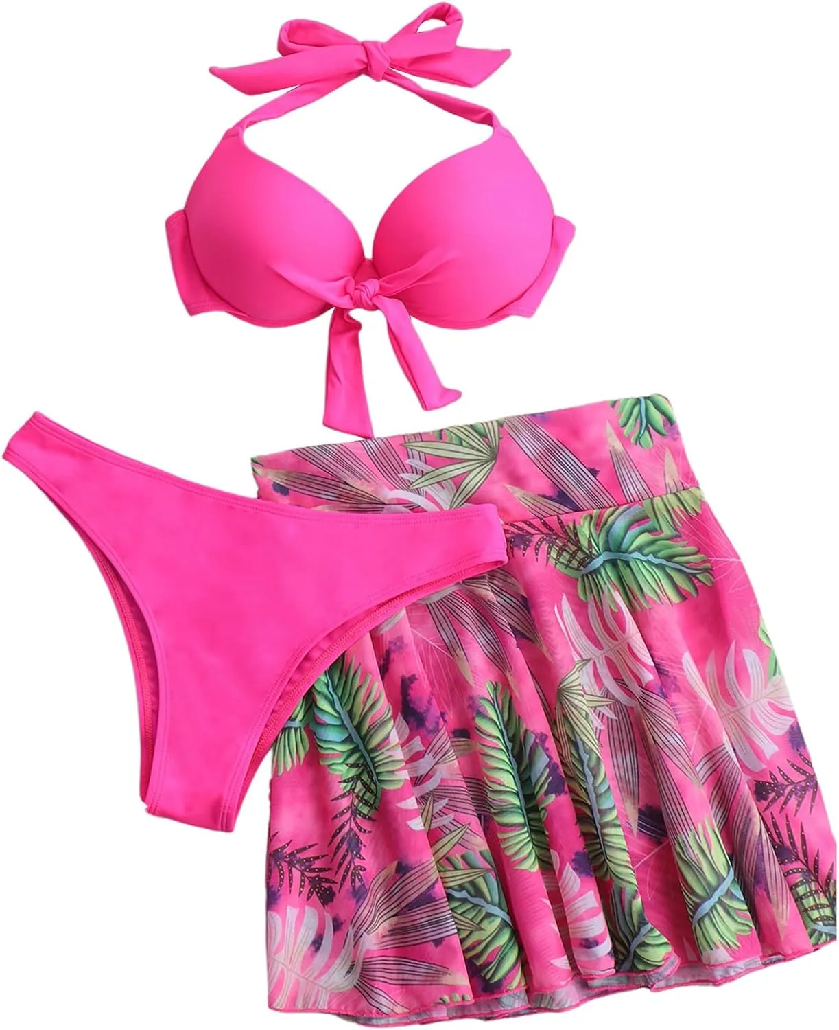 COZYEASE Women's 3 Piece Halter Underwire Bathing Suit Knot Front Swimsuit with Tropical Cover Up Skirts
