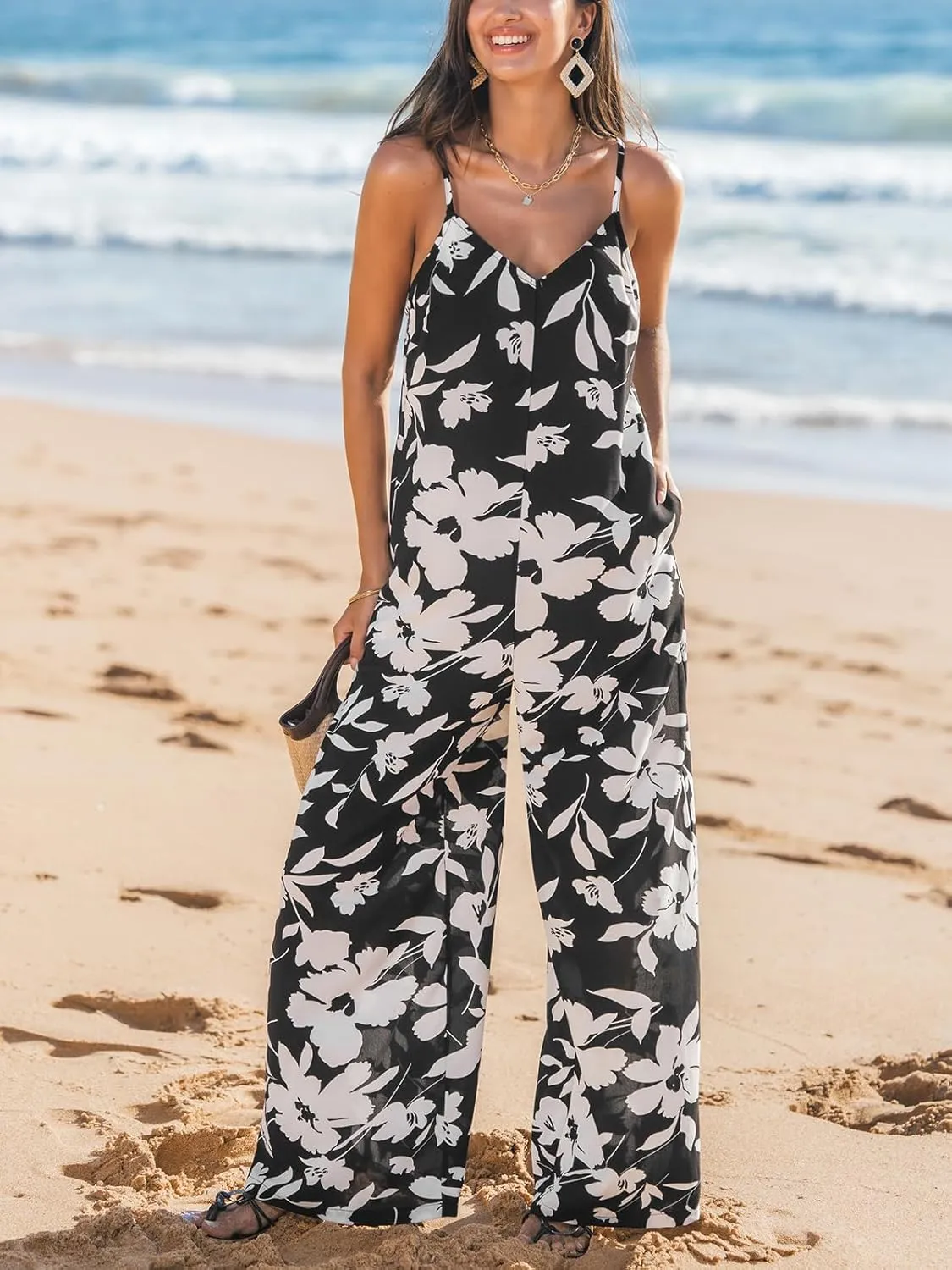 CUPSHE Women's Boho Printed Wide Leg Jumpsuits Casual Sleeveless Spaghetti Strap Rompers Dressy Outfits
