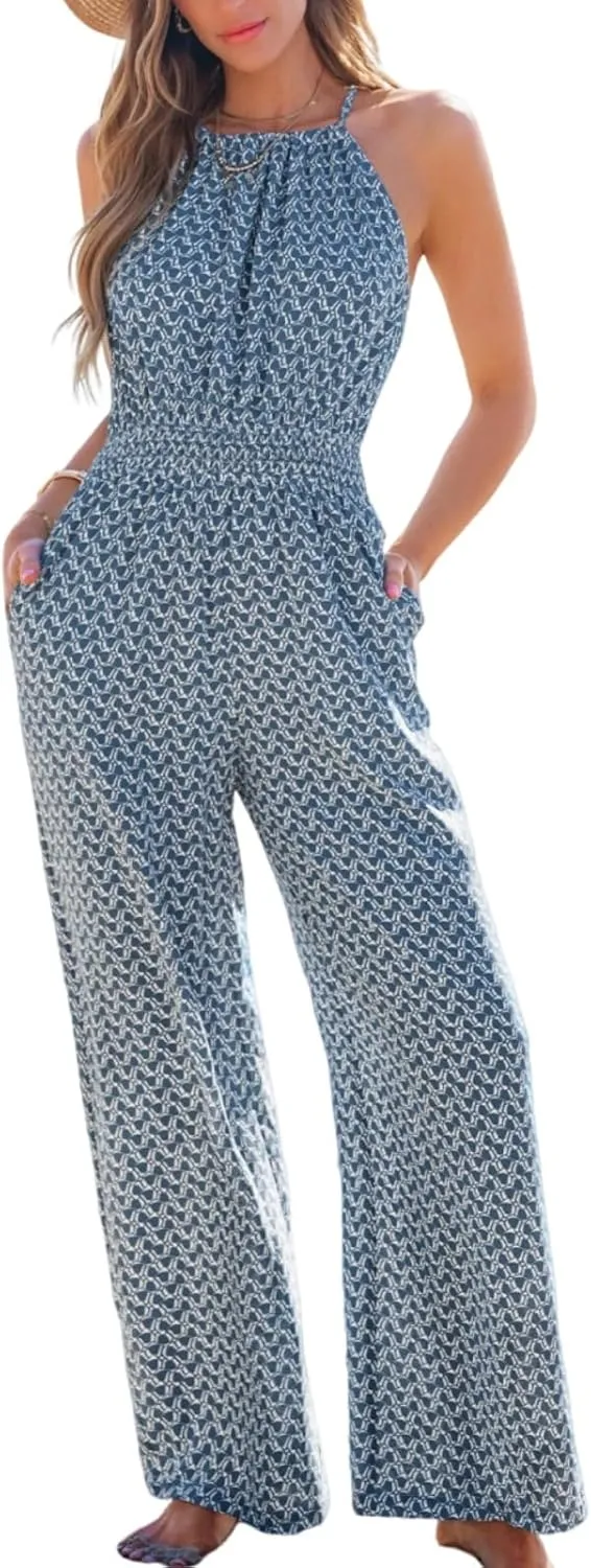 CUPSHE Women's Casual Loose Overalls Jumpsuits High Neck Sleeveless Wide Leg Boho One Piece Rompers With Pockets