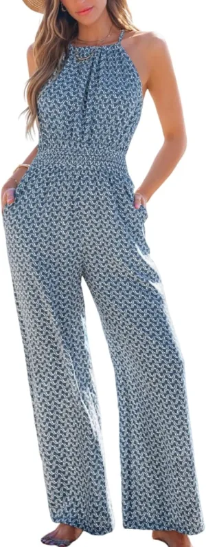 CUPSHE Women's Casual Loose Overalls Jumpsuits High Neck Sleeveless Wide Leg Boho One Piece Rompers With Pockets