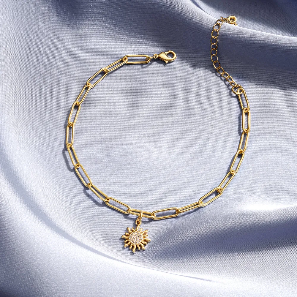 Dainty 14k Gold Plated Adjustable Anklets- Tiny Sun