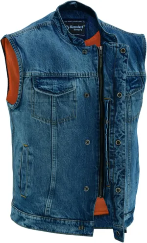 Daniel Smart Men Denim Vest Scoop Collar Motorcycle Vest for Men with Concealment Armory Pockets & Hidden Zipper