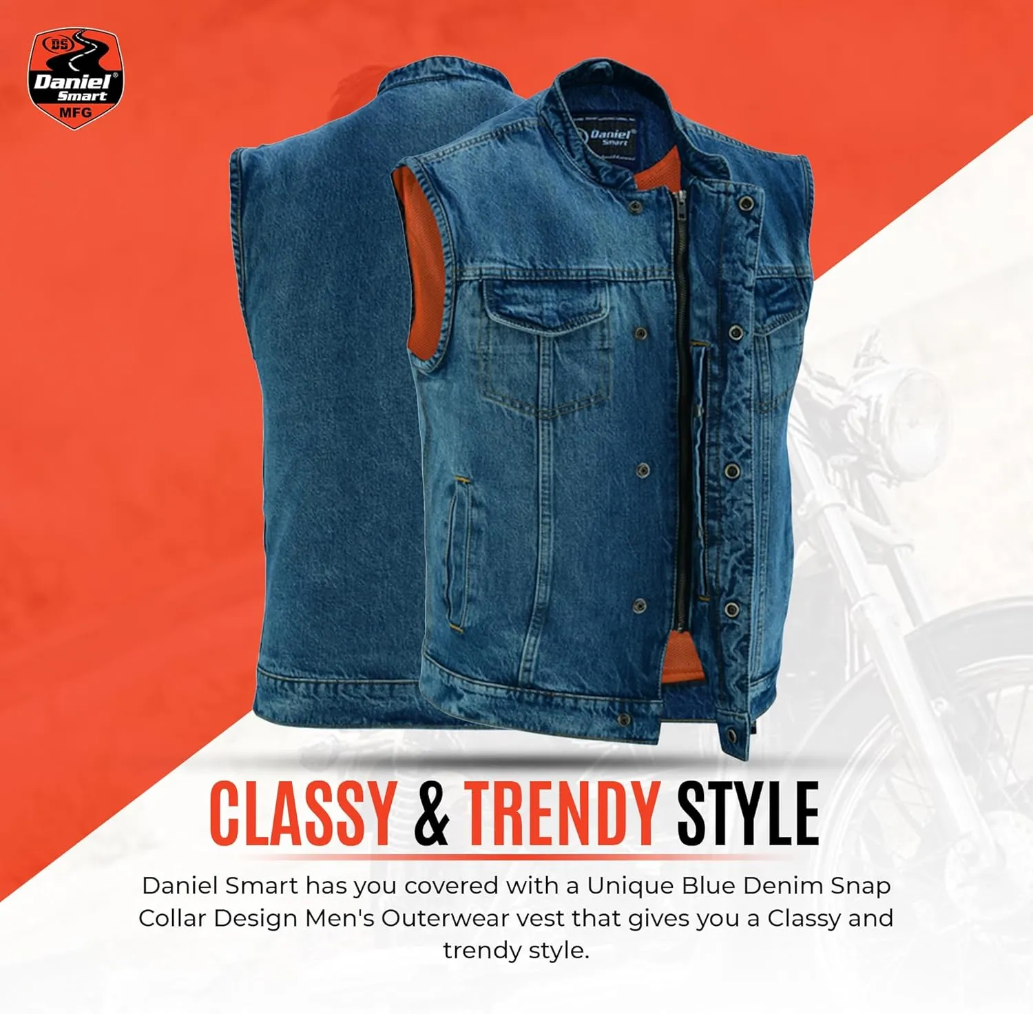Daniel Smart Men Denim Vest Scoop Collar Motorcycle Vest for Men with Concealment Armory Pockets & Hidden Zipper