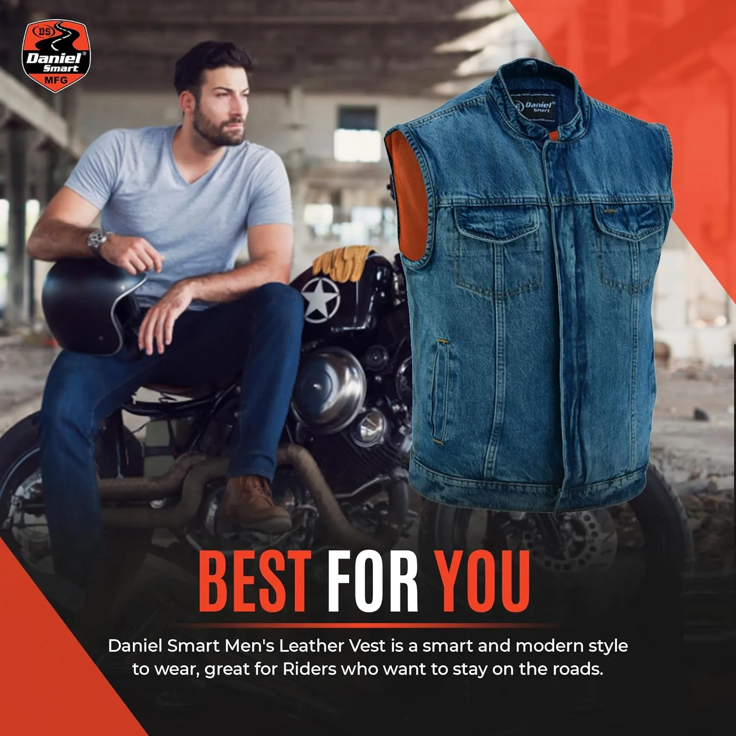 Daniel Smart Men Denim Vest Scoop Collar Motorcycle Vest for Men with Concealment Armory Pockets & Hidden Zipper