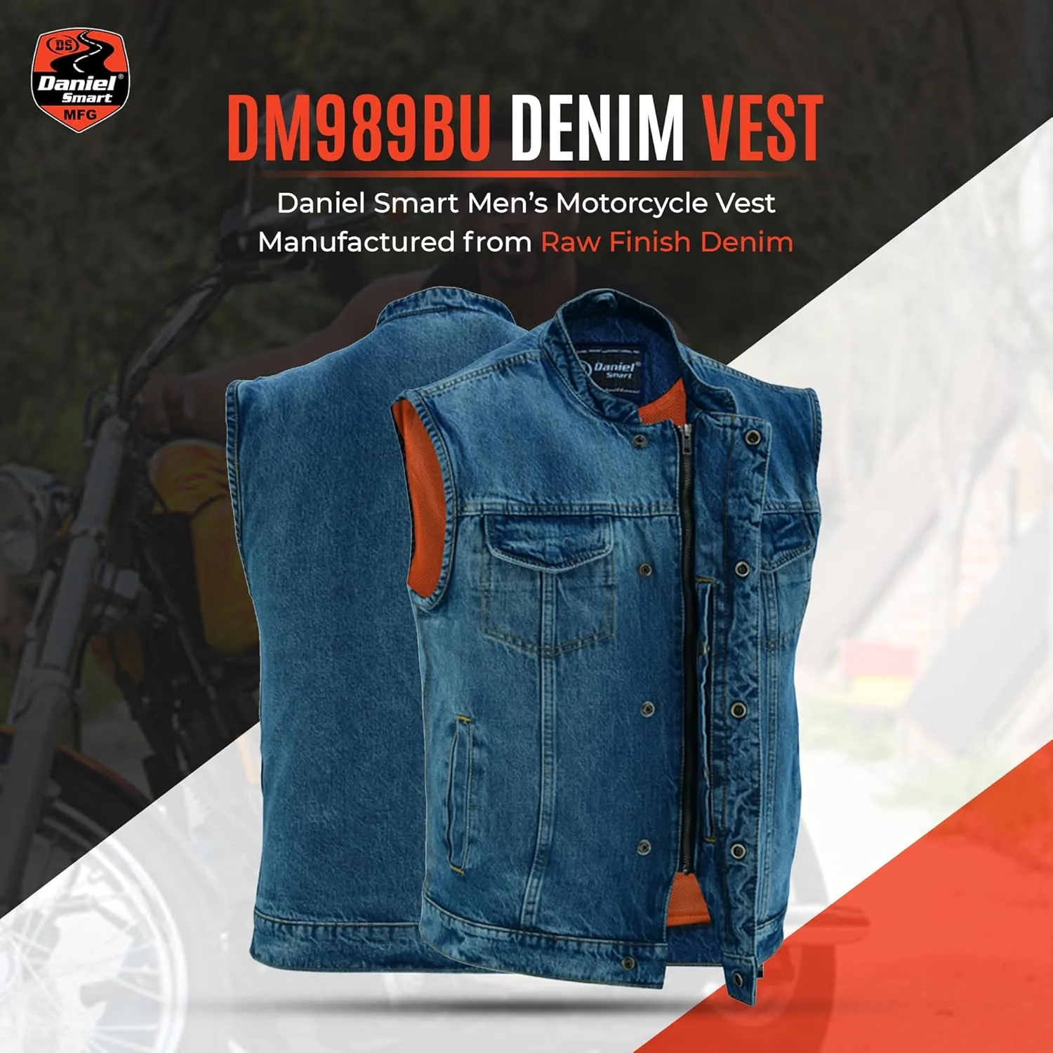 Daniel Smart Men Denim Vest Scoop Collar Motorcycle Vest for Men with Concealment Armory Pockets & Hidden Zipper