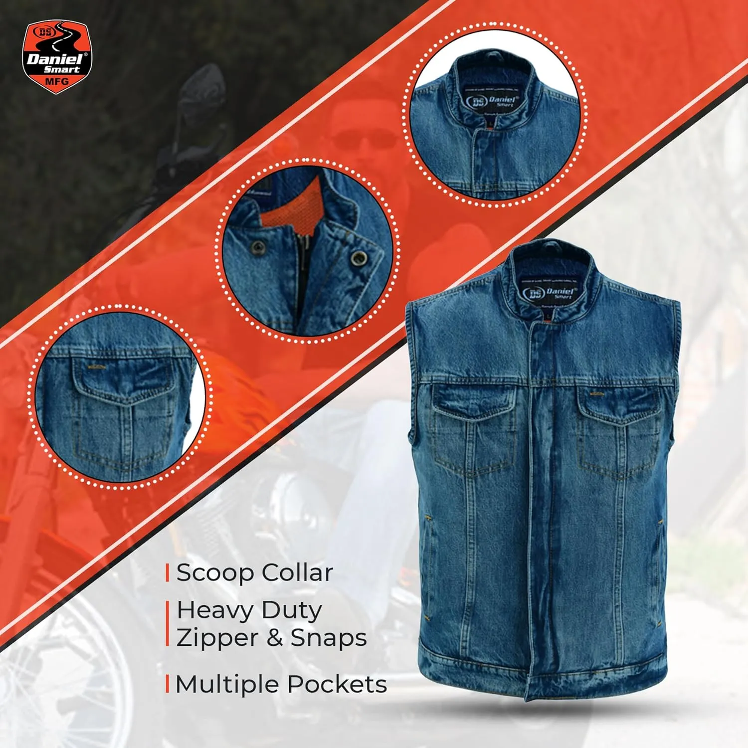 Daniel Smart Men Denim Vest Scoop Collar Motorcycle Vest for Men with Concealment Armory Pockets & Hidden Zipper