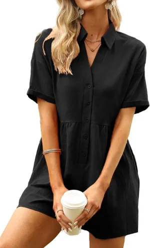 DEEP SELF Women's Summer Casual Short Sleeve Button Down Shorts Rompers V Neck Collared Jumpsuit for Women with Pockets