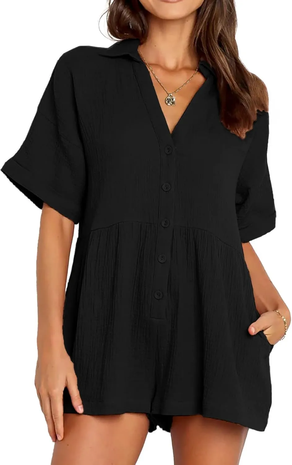DEEP SELF Women's Summer Casual Short Sleeve Button Down Shorts Rompers V Neck Collared Jumpsuit for Women with Pockets