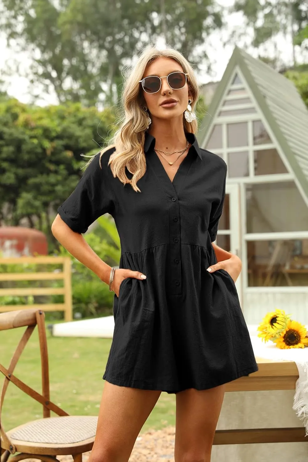 DEEP SELF Women's Summer Casual Short Sleeve Button Down Shorts Rompers V Neck Collared Jumpsuit for Women with Pockets