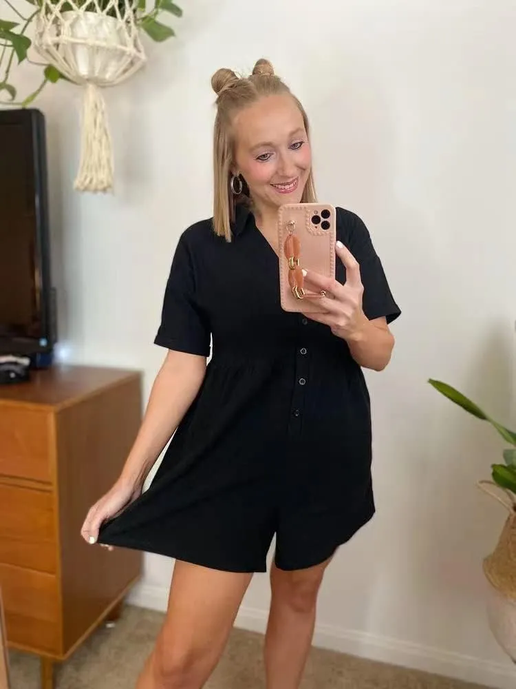 DEEP SELF Women's Summer Casual Short Sleeve Button Down Shorts Rompers V Neck Collared Jumpsuit for Women with Pockets