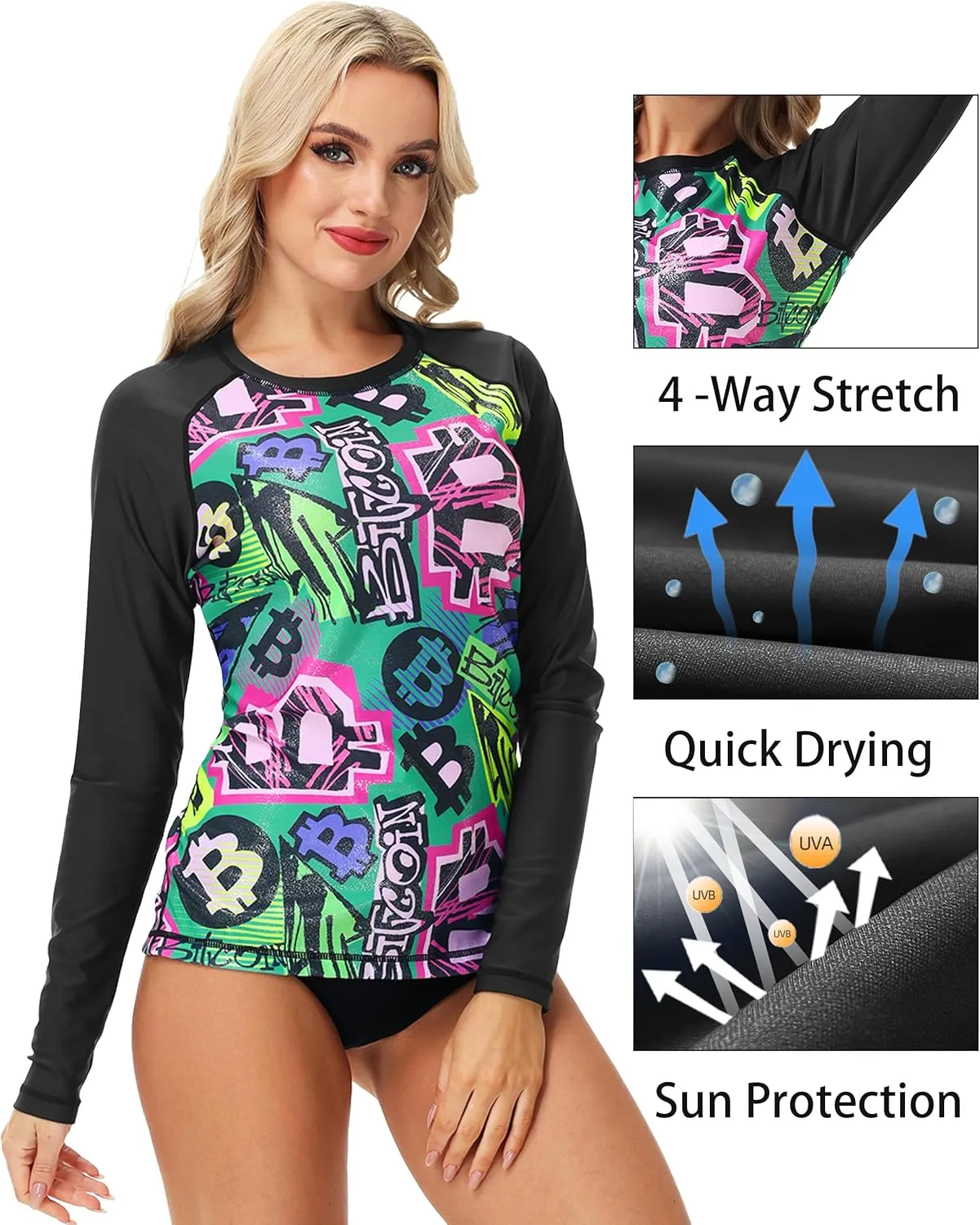 Deerose Women Sparkle Rash Guard Shiny Sun Protection Swim Shirts Metallic Glitter Swimsuit Top