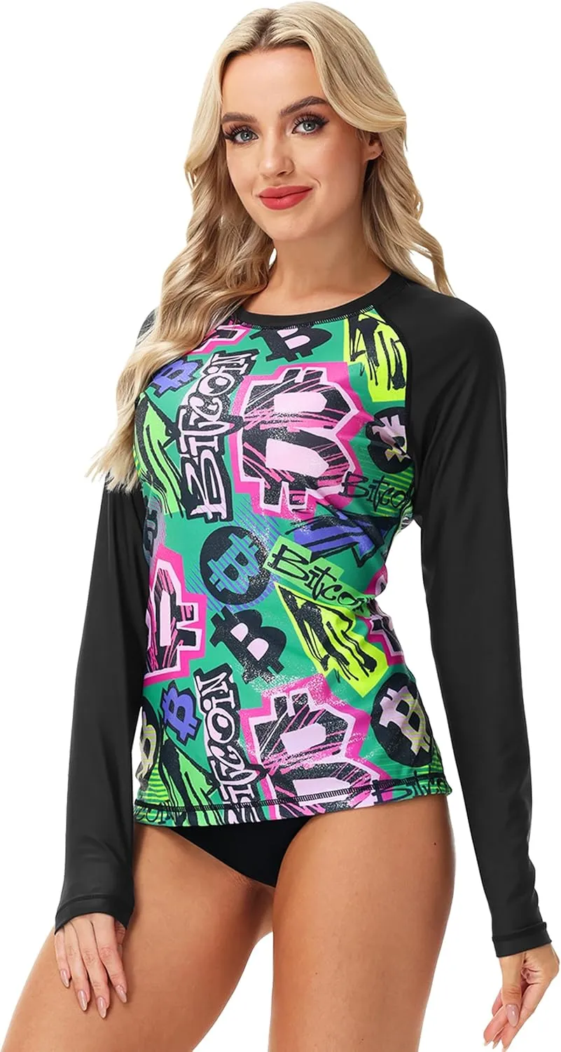 Deerose Women Sparkle Rash Guard Shiny Sun Protection Swim Shirts Metallic Glitter Swimsuit Top