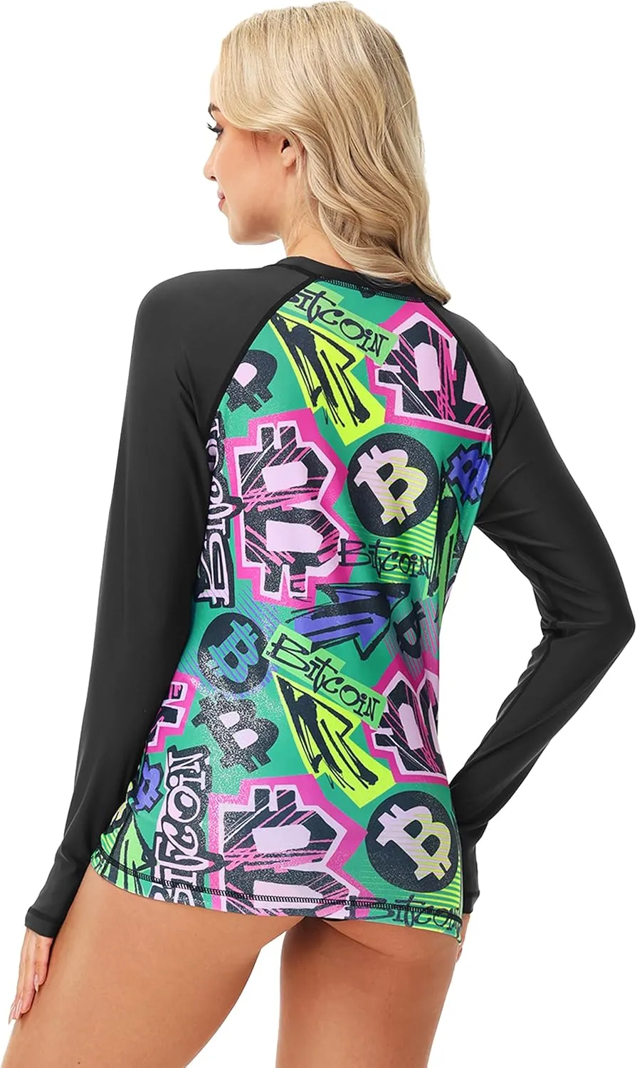 Deerose Women Sparkle Rash Guard Shiny Sun Protection Swim Shirts Metallic Glitter Swimsuit Top