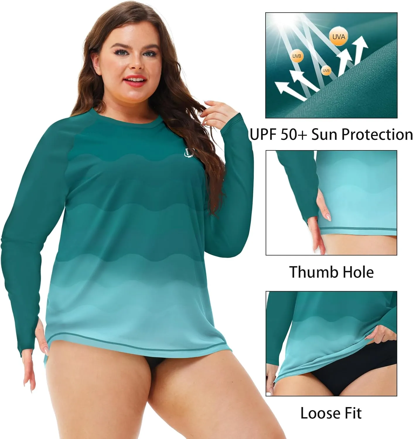 Deerose Womens Plus Size Rash Guard Long Sleeve Swim Shirts with Thumb Hole