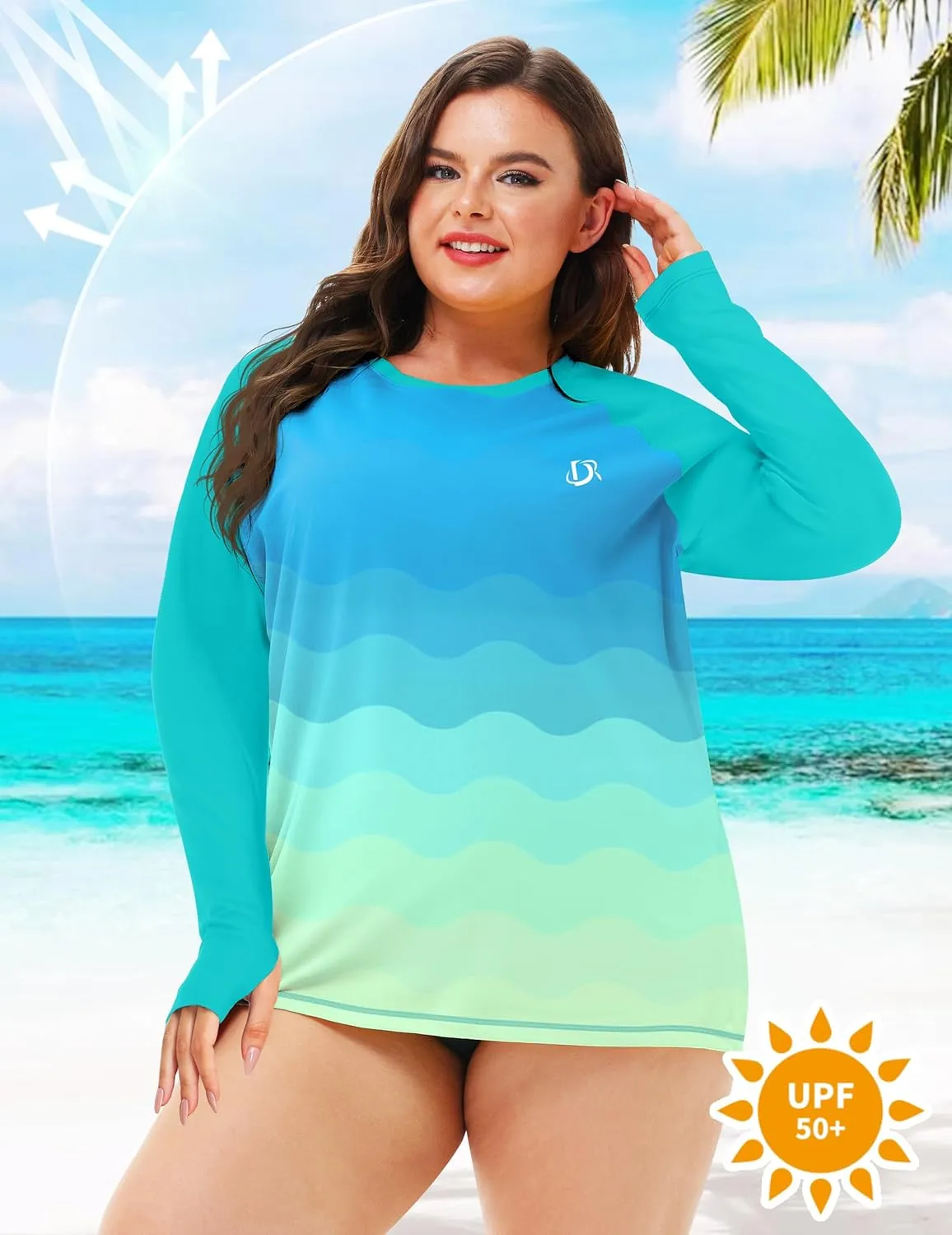 Deerose Womens Plus Size Rash Guard Long Sleeve Swim Shirts with Thumb Hole