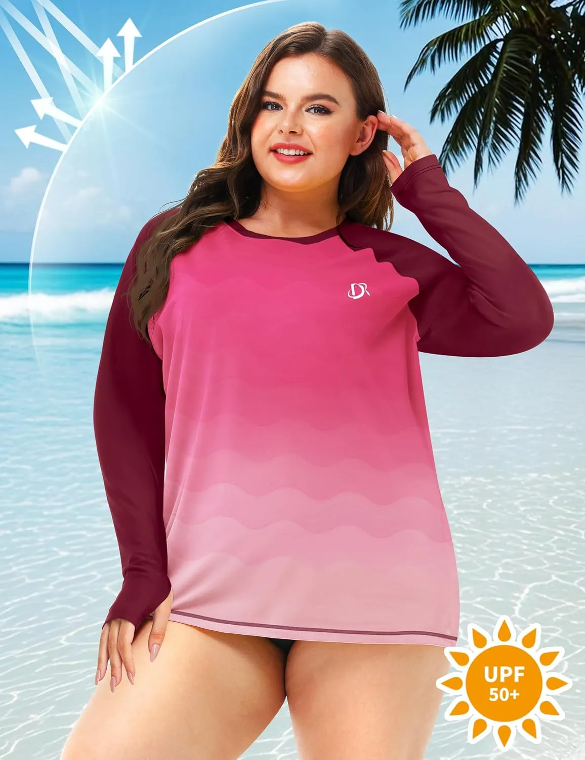 Deerose Womens Plus Size Rash Guard Long Sleeve Swim Shirts with Thumb Hole