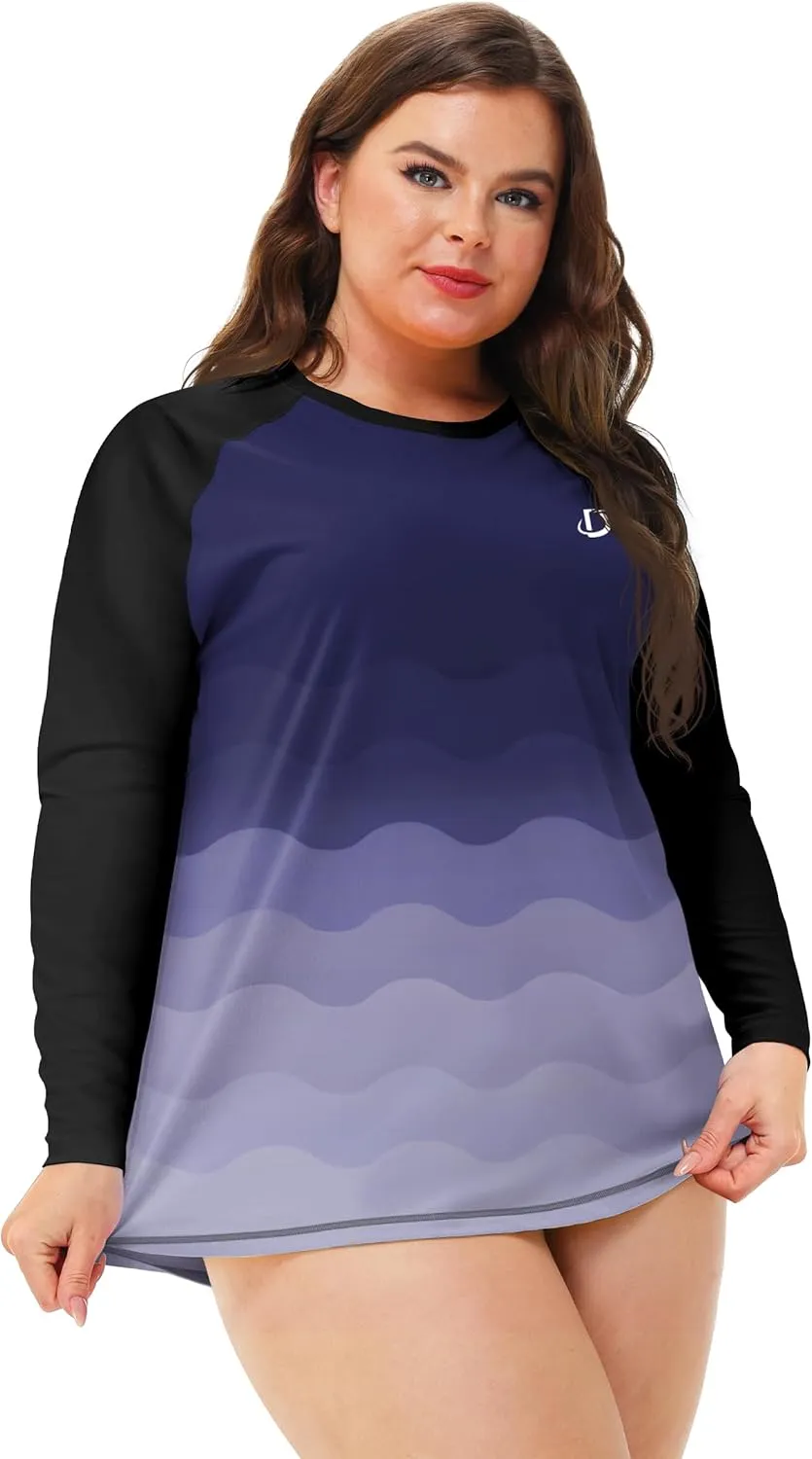 Deerose Womens Plus Size Rash Guard Long Sleeve Swim Shirts with Thumb Hole