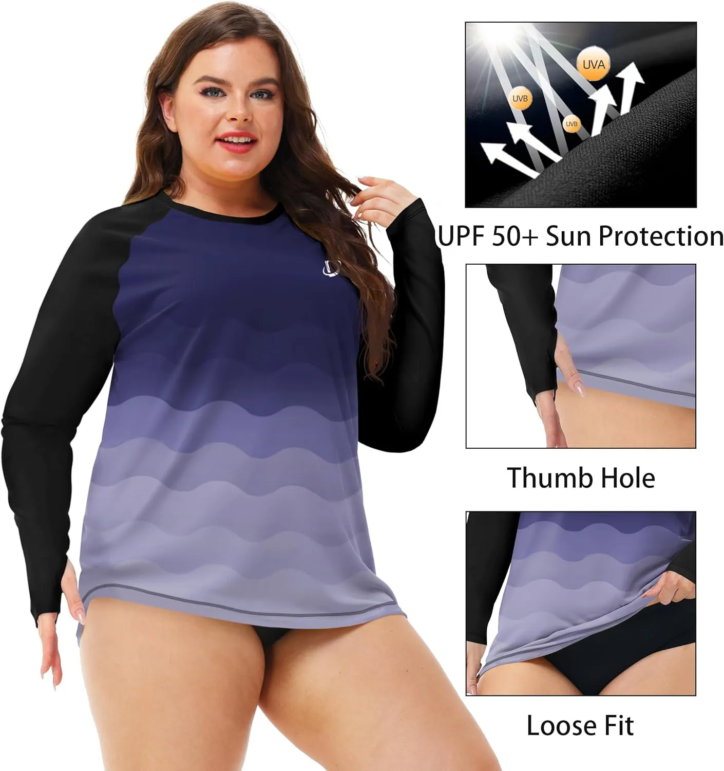 Deerose Womens Plus Size Rash Guard Long Sleeve Swim Shirts with Thumb Hole
