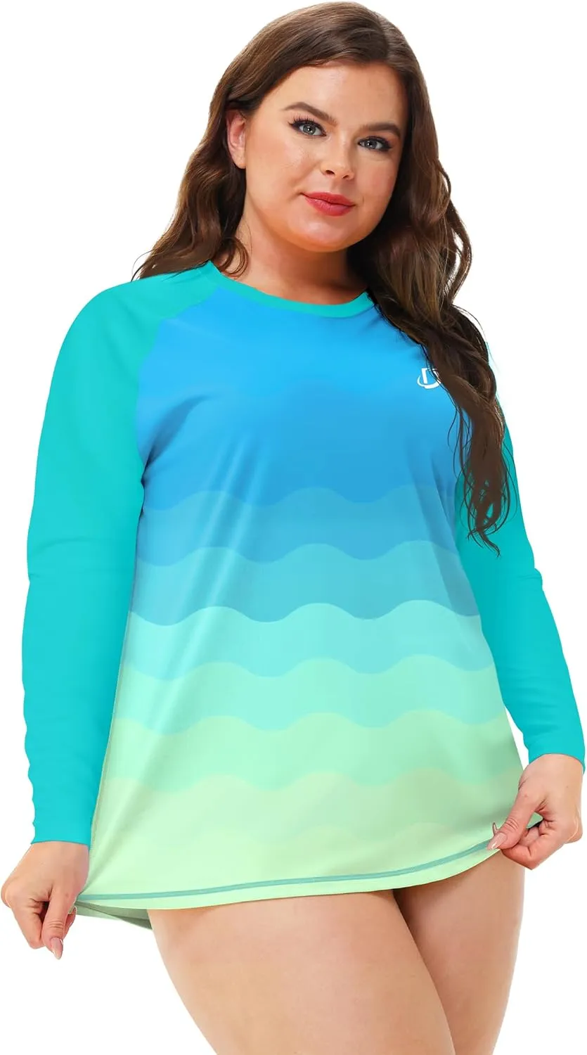 Deerose Womens Plus Size Rash Guard Long Sleeve Swim Shirts with Thumb Hole