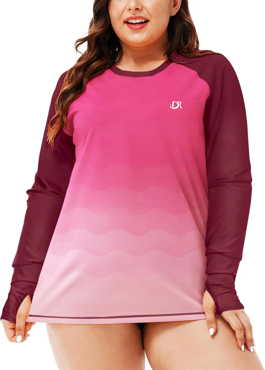 Deerose Womens Plus Size Rash Guard Long Sleeve Swim Shirts with Thumb Hole