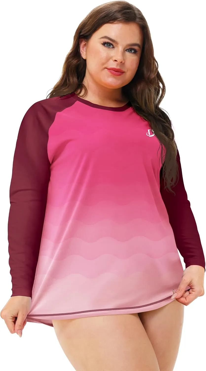 Deerose Womens Plus Size Rash Guard Long Sleeve Swim Shirts with Thumb Hole