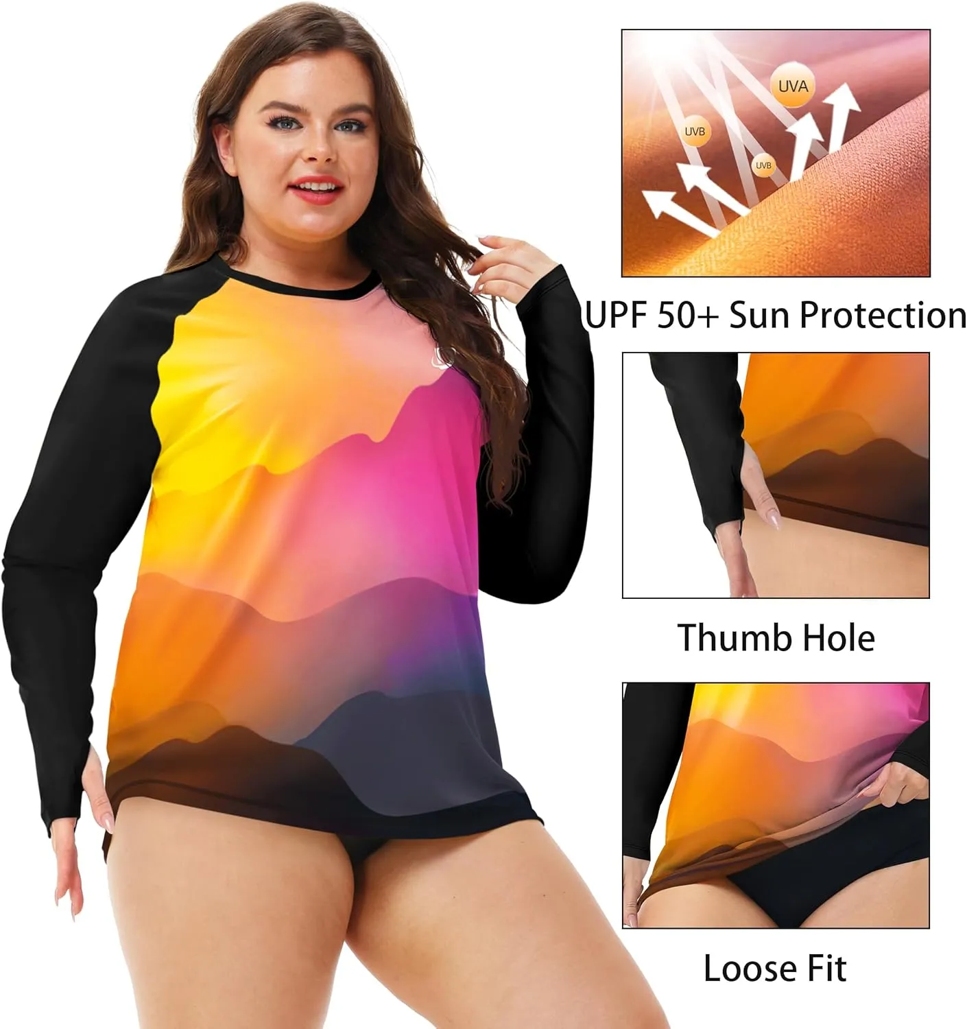 Deerose Womens Plus Size Rash Guard Long Sleeve Swim Shirts with Thumb Hole
