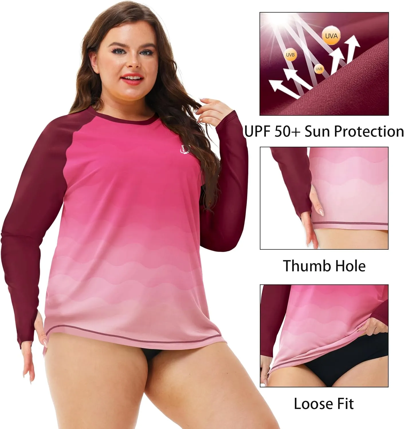 Deerose Womens Plus Size Rash Guard Long Sleeve Swim Shirts with Thumb Hole