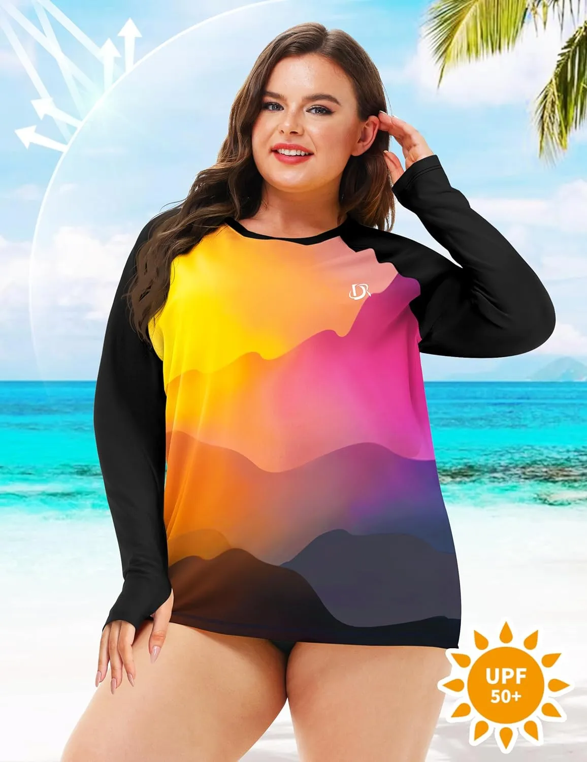 Deerose Womens Plus Size Rash Guard Long Sleeve Swim Shirts with Thumb Hole