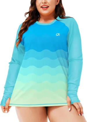 Deerose Womens Plus Size Rash Guard Long Sleeve Swim Shirts with Thumb Hole