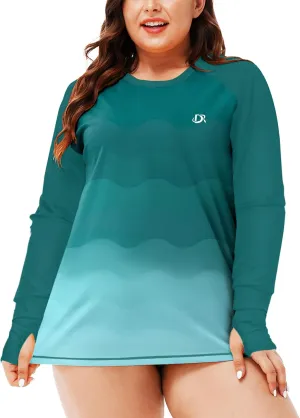 Deerose Womens Plus Size Rash Guard Long Sleeve Swim Shirts with Thumb Hole