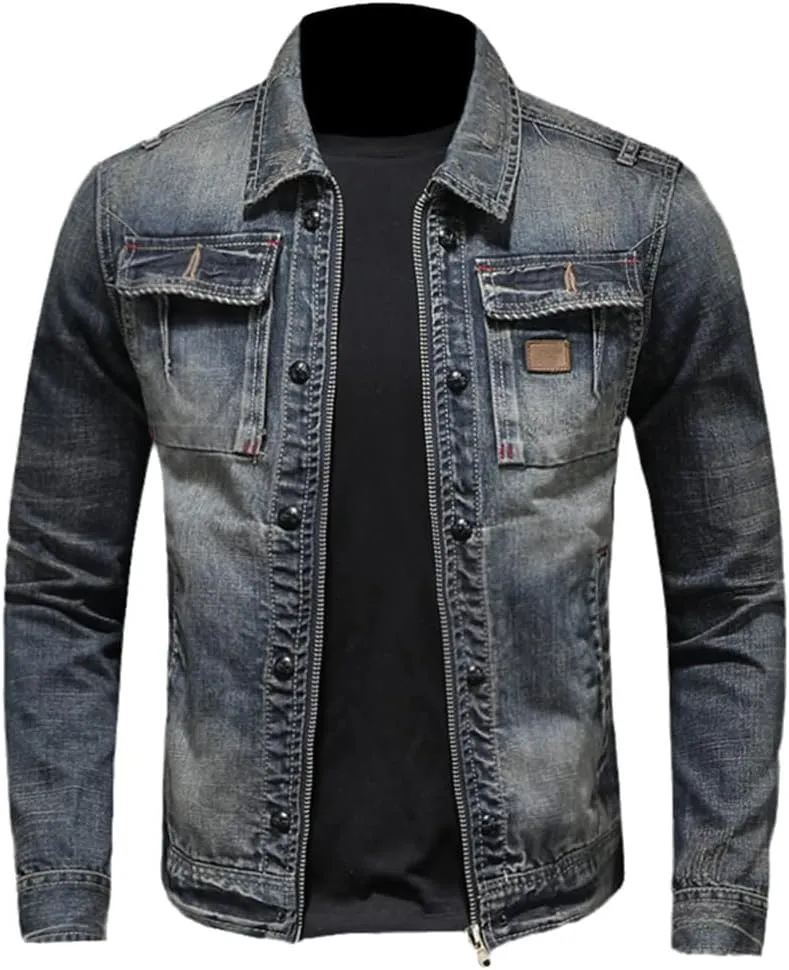 Denim Jacket Men Spring Autumn Jean Jacket Man Lapel Zipper Coat Denim Blue M
