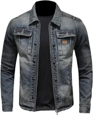 Denim Jacket Men Spring Autumn Jean Jacket Man Lapel Zipper Coat Denim Blue M