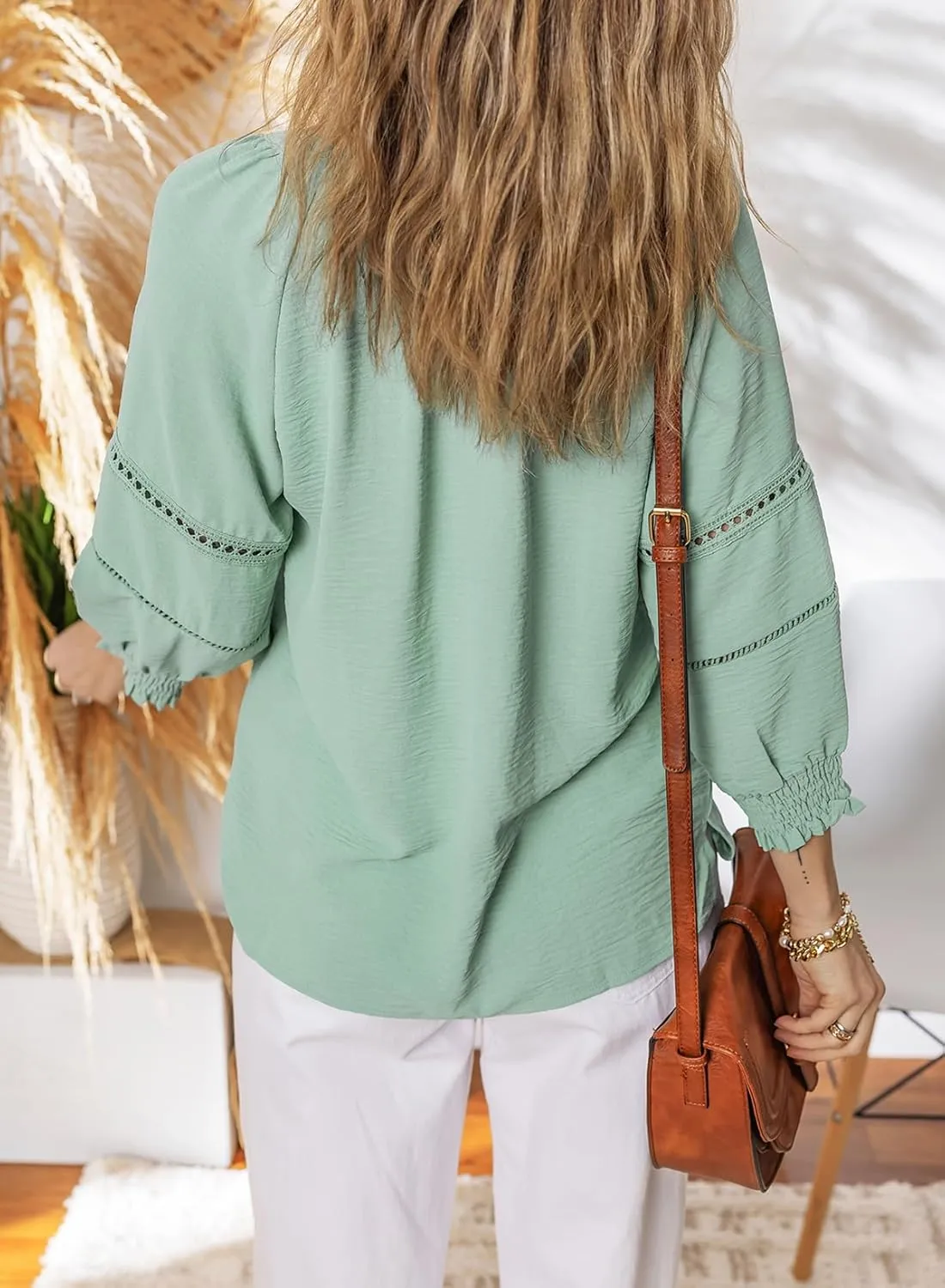 Dokotoo Womens Summer Tops 3/4 Lantern Sleeve Casual V-Neck T-Shirts Pleated Loose Tunic Hollow-Out Blouse