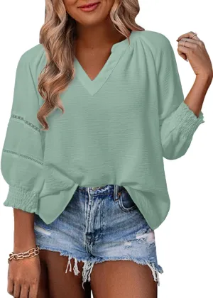 Dokotoo Womens Summer Tops 3/4 Lantern Sleeve Casual V-Neck T-Shirts Pleated Loose Tunic Hollow-Out Blouse