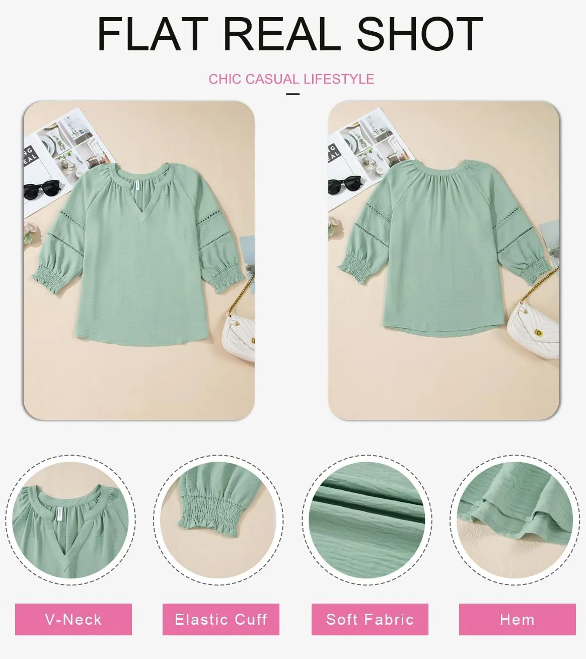Dokotoo Womens Summer Tops 3/4 Lantern Sleeve Casual V-Neck T-Shirts Pleated Loose Tunic Hollow-Out Blouse