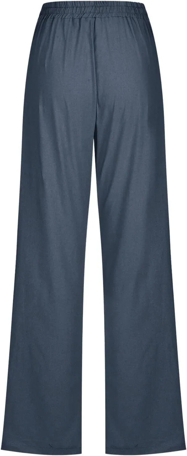 Drawstring Lightweight Cotton Linen Pants Women Summer Casual Solid High Waisted Straight Leg Lounge Trousers Slacks