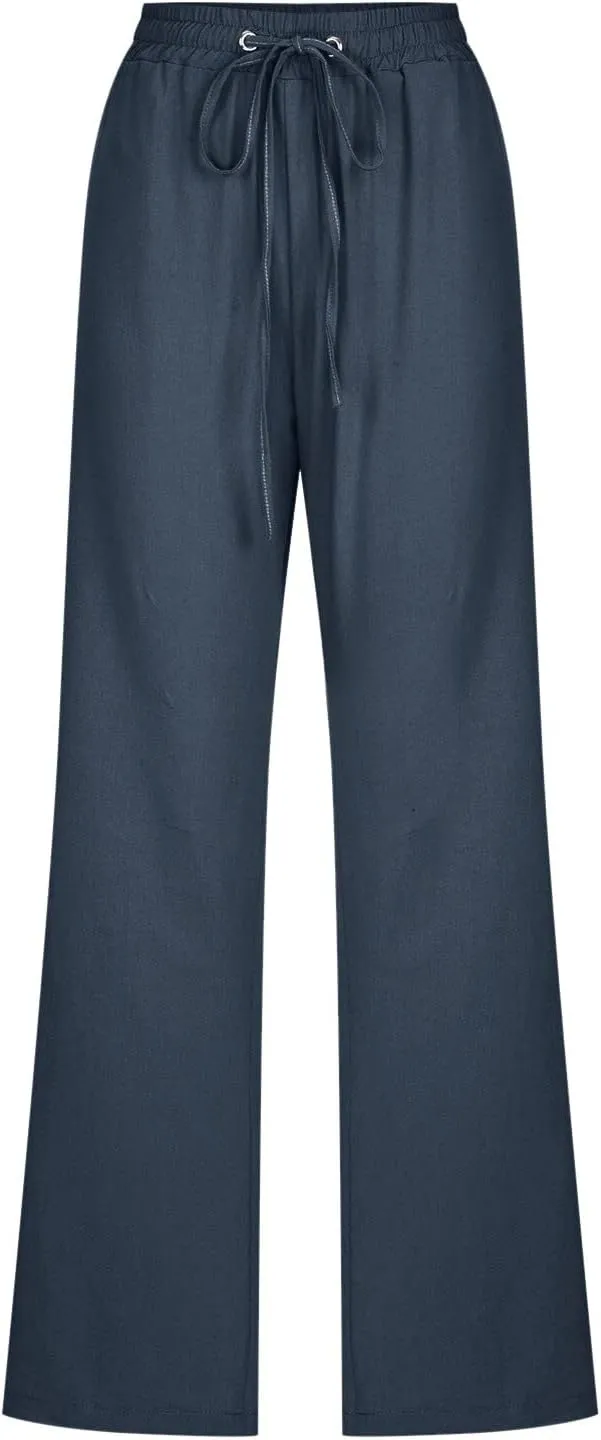 Drawstring Lightweight Cotton Linen Pants Women Summer Casual Solid High Waisted Straight Leg Lounge Trousers Slacks