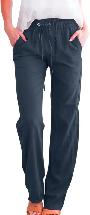 Drawstring Lightweight Cotton Linen Pants Women Summer Casual Solid High Waisted Straight Leg Lounge Trousers Slacks