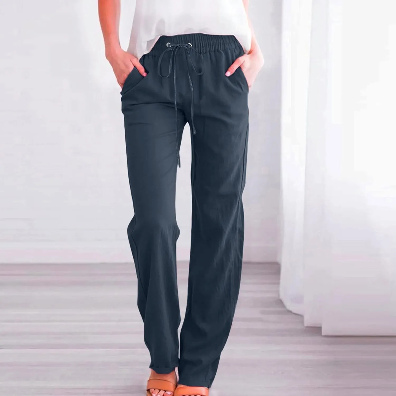 Drawstring Lightweight Cotton Linen Pants Women Summer Casual Solid High Waisted Straight Leg Lounge Trousers Slacks