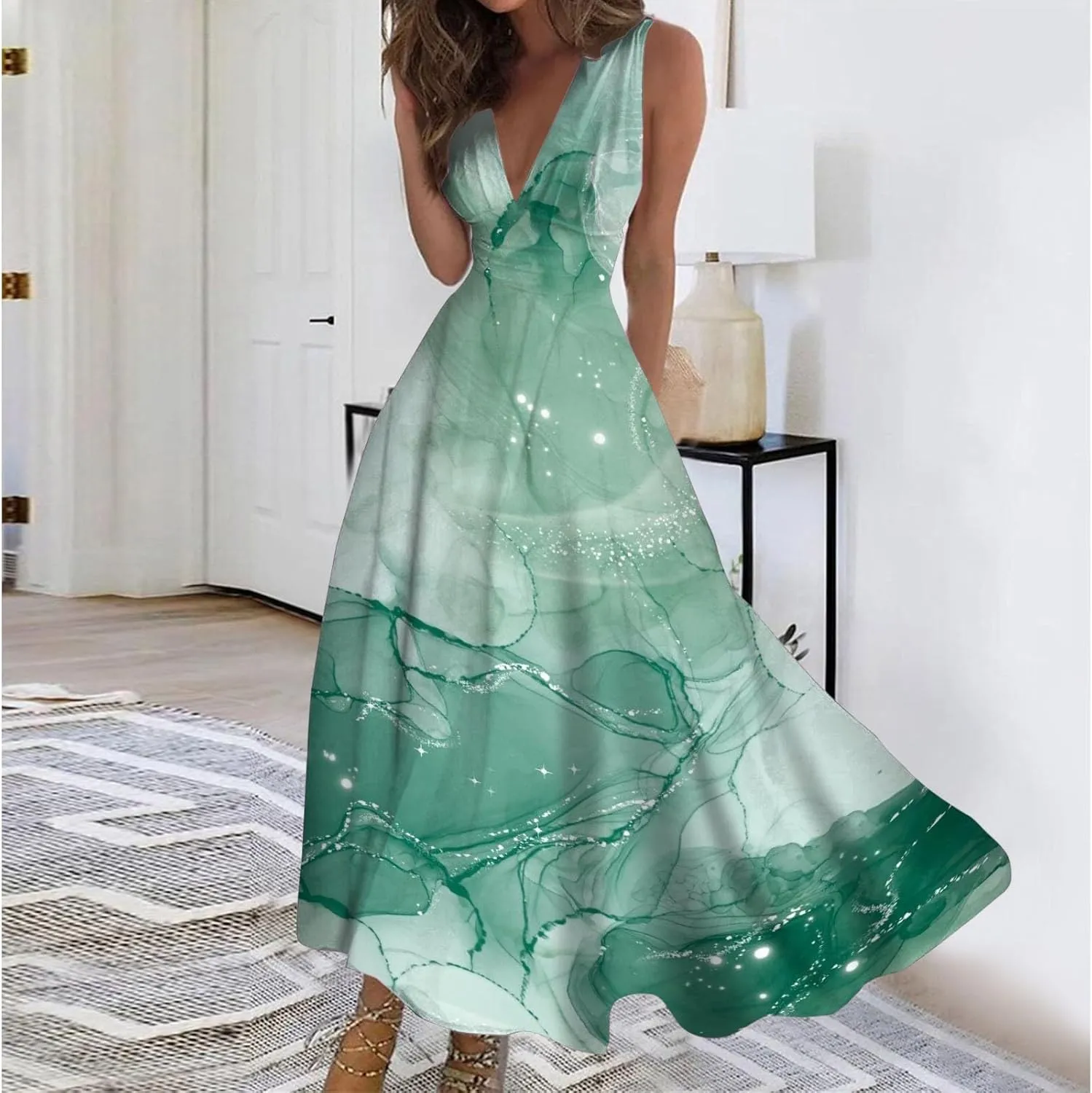 Dresses for Women 2024 Sleeveless Dresses Casual Summer Boho Dress Floral Dressy Tank Dress V Neck Beach Maxi Dress