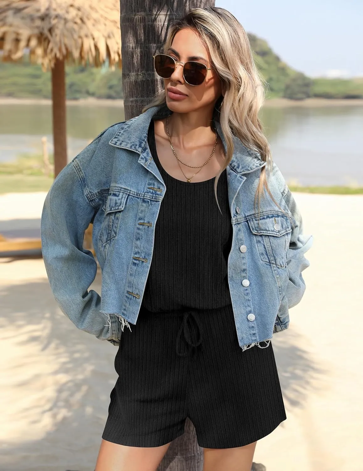 Ekouaer Rompers for Women Summer 2025 Casual Sleeveless Scoop Neck Tank Top Ribbed Short Jumpsuits Romper with Pockets